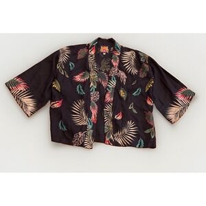 Johnny Was Kaluhi Linen Cropped Kimono Large Navy Embroidered 3/4 Wide Sleeve